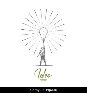 Vector hand drawn Idea concept sketch. Man standing and touching big shining bright light bulb on raised hand meaning getting great idea. Lettering Id Stock Vector