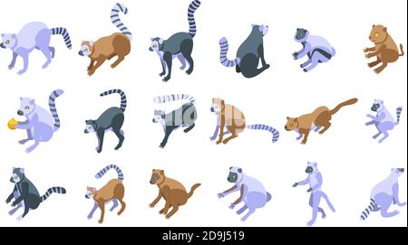 Lemur icons set. Isometric set of lemur vector icons for web design isolated on white background Stock Vector