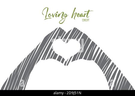 Vector hand drawn loving heart concept sketch. Heart formed by human hands and fingers. Lettering Loving heart concept Stock Vector