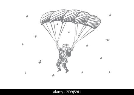 Vector hand drawn Santa Claus concept sketch. Santa Claus flying down on parachute in the air full of snowflakes Stock Vector