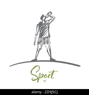 Vector hand drawn sport time concept sketch. Man in sport clothing standing and drinking water from bottle. Lettering Sport time Stock Vector