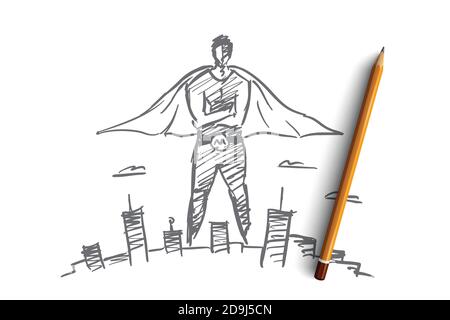Vector hand drawn hero man concept sketch with pencil over it. Super man in traditional costume over big city Stock Vector