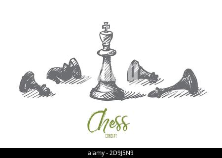 Vector hand drawn concept sketch of whipped chessmen and standing King in center with lettering Stock Vector