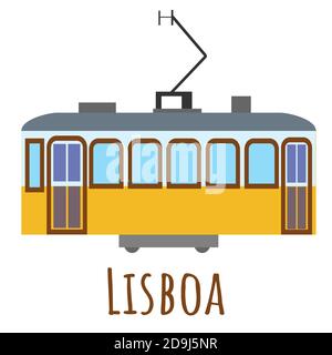 Flat style vintage yellow tram, symbol of Lisboa. Landmark icon for travelers. Vector illustration isolated on white background Stock Vector