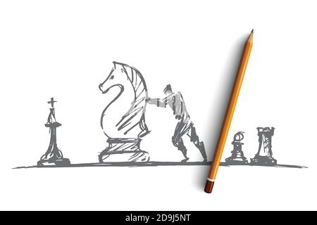 Vector hand drawn chess people concept sketch with pencil over it. Man trying to move huge chess knight Stock Vector