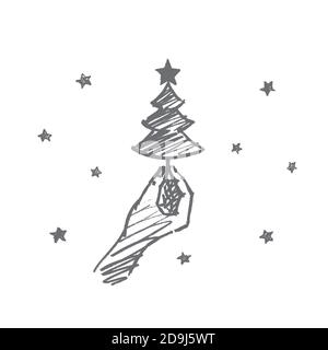 Vector hand drawn Christmas concept sketch. Human hand holding small decorated fir-tree with star on top Stock Vector