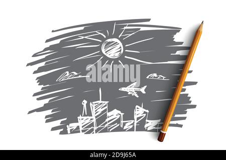 Hand drawn big city with skyscrapers and plane Stock Vector