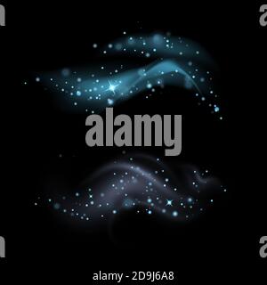 Set of light blue magic smokes with stars on dark background. Magical smoke for food advertising and package. Lights and stars. Vector Stock Vector