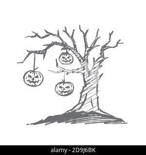 Hand drawn Halloween pumpkin faces hanging on tree Stock Vector