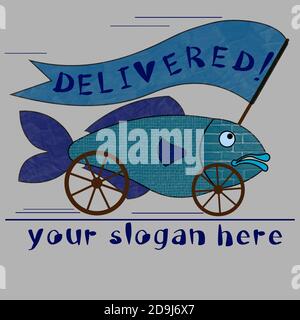 creative food delivery logo in the form of a fish on wheels with a flag delivered Stock Vector