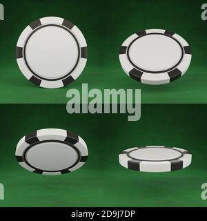 Casino chips isolated on green poker table background. White poker chips in different position. 3d render. Stock Photo
