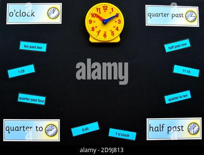 Maths concept flatlay on a black background with copyspace, focusing on time with an analogue toy clock and analogue and digital time labels. Stock Photo