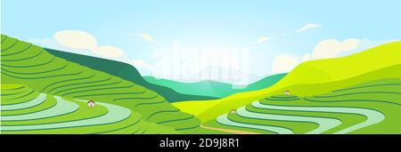 Terraced fields at sunset flat color vector illustration Stock Vector