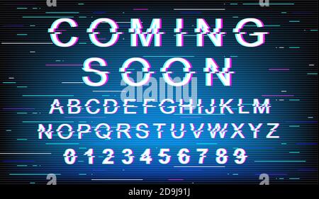 Coming soon glitch font template Stock Vector