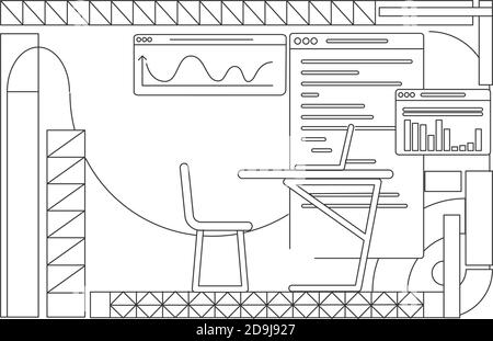 Business analyst office interior design outline vector illustration Stock Vector