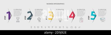 Vector infographic with 5 step, label, numeral, icons. Timeline used for diagram, chart, web, banner, workflow layout, flowchart, info graph, timeline Stock Vector