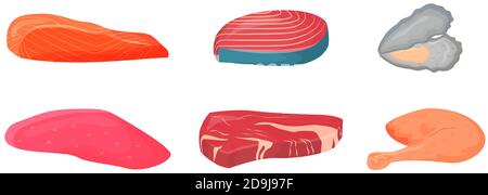 Raw meat and fish cartoon vector illustrations set Stock Vector