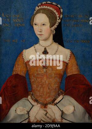 Queen Mary I of England (1516-1558). England's first female monarch. Portrait by Master John. Oil on panel, 1544. National Portrait Gallery. London, England, United Kingdom. Stock Photo