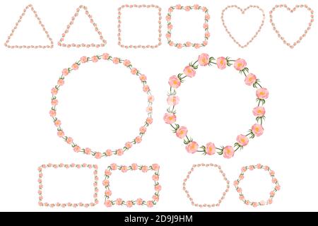 Simple pink peony frame for print design. Trendy pattern for wedding invitation, greeting card. Six shape of wreath - sircle, heart, square, hexagon, rectangle, triangle. Stock Vector