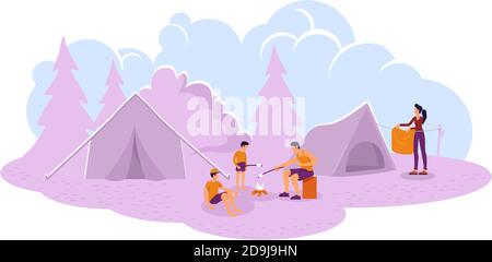 Camping 2D vector web banner, poster Stock Vector
