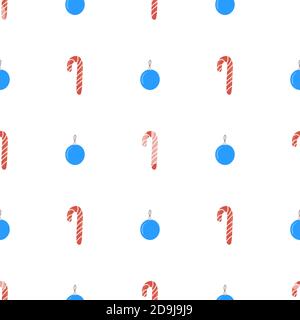 Retro seamless pattern with Christmas tree ball and candy for paper and fabric design. Traditional winter holiday art. Cartoon style. Vector fashion background. Stock Vector
