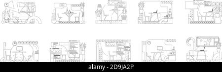 Office interior designs outline vector illustrations set. Employee workplace contour compositions on white background. Creative studio , coworking Stock Vector