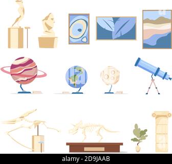Museum exhibits flat color vector objects set Stock Vector