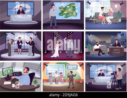 Television programming flat color vector illustrations set Stock Vector