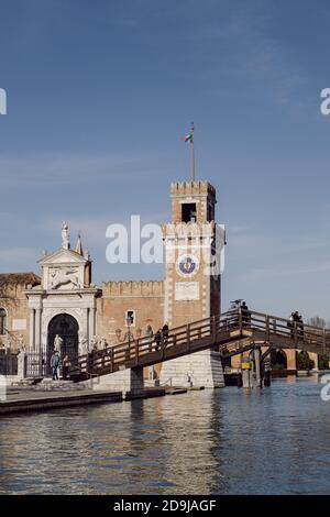 Arsenale in Castello, Venice, fortified castle, walls and towers with an entrance water canal Stock Photo