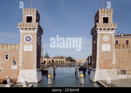 Arsenale in Castello, Venice, fortified castle, walls and towers with an entrance water canal Stock Photo