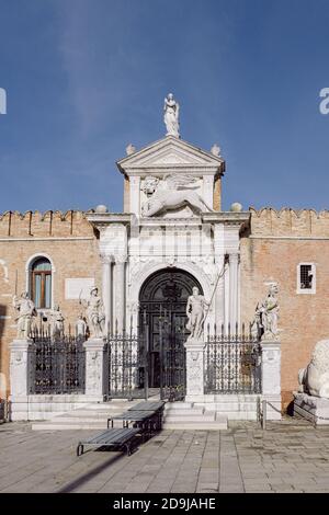 Arsenale in Castello, Venice, fortified castle, walls and towers with an entrance door Stock Photo