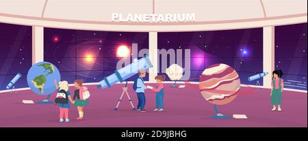 School excursion to planetarium flat color vector illustration Stock Vector