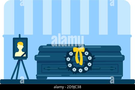 Dead young man coffin and photo flat color vector illustration Stock Vector