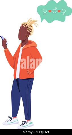 Young guy with smartphone flat color vector faceless character Stock Vector