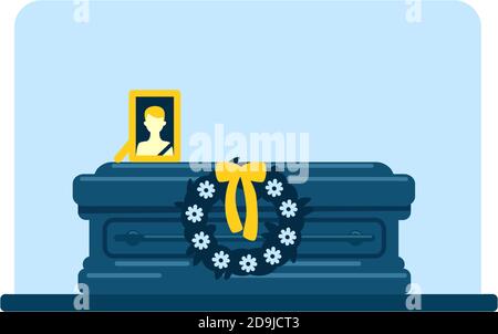 Dead man coffin and photo flat color vector illustration Stock Vector