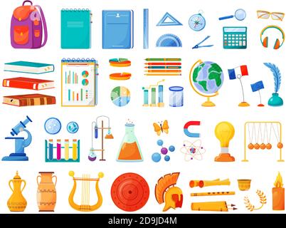 School subjects and supplies flat color vector objects set Stock Vector