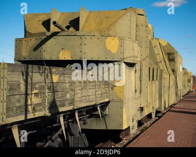 Old armored train at railway station platform Stock Photo