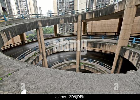 Aerial view of the 5-layer spiral road in a community in Chongqing, China, 21 October 2020. Stock Photo