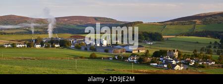 View over Glenlivet Distillery, Castleton and Blairfindy Castle, Moray, Scotland Stock Photo