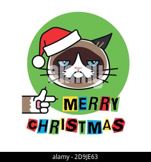 Grumpy cat in christmas hat. Merry christmas Stock Vector