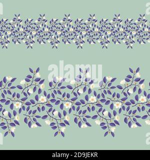 Floral border, branches with purple leaves and light cream flowers on pistachio background. Vector illustration, design for poster, banner, invitation, book, fashion fabric, wrapping. Stock Vector