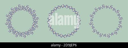 Set of floral isolated vector wreaths, branches with purple leaves and light cream flowers on pistachio background. Vector illustration, design for poster, banner, invitation, book, fabric, wrapping. Stock Vector