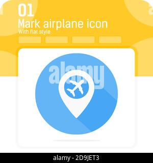 Map mark icon with a plane sign with flat style style isolated on white background. Flat vector illustration pin with airplane sign symbol icon Stock Vector