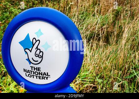 Close-up of the UK National Lottery sign and logo Stock Photo
