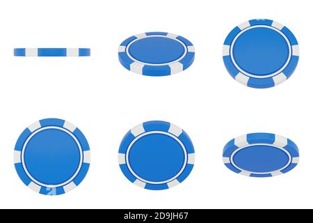 Poker chips isolated on white background. Blue casino chips in different position. 3d render. Stock Photo