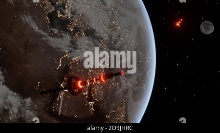 Spaceship passing by the planets in the atmosphere during the night. Floating starship in the universe, shuttle into atmosphere. Images from NASA. Rendered 3D illustration Stock Photo