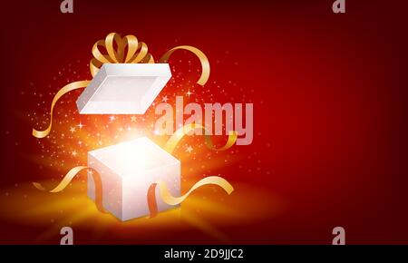 Red opened 3d realistic gift box with magical shining glow and golden ribbons flying off cover on red background, place for your text vector Stock Vector