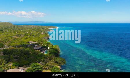 Aerial top view on sand beach,palm tree and ocean. Alona beach and azure water. Panglao island, Bohol, Philippines. Stock Photo