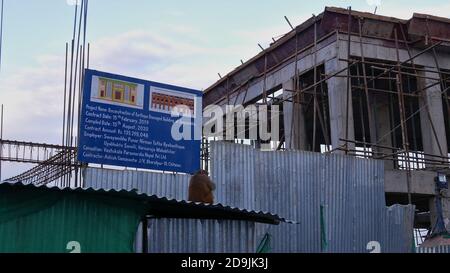 Kathmandu, Nepal - 11/29/2019: Monkey sitting in front of a blue sign informing about the reconstruction works after the disastrous 2015 earthquake. Stock Photo