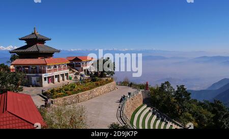 Chandragiri, Nepal - 12/02/2019: Panoramic view from the top of a viewpoint on Chandragiri Hills with a temple and Kathmandu valley. Stock Photo